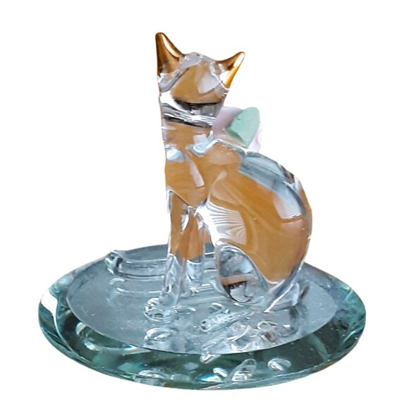 Baron Glass Crystal Kitty Cat Sculpture 22k Gold Trim Pink Rose Clear Miniature - Picture 4 of 7
